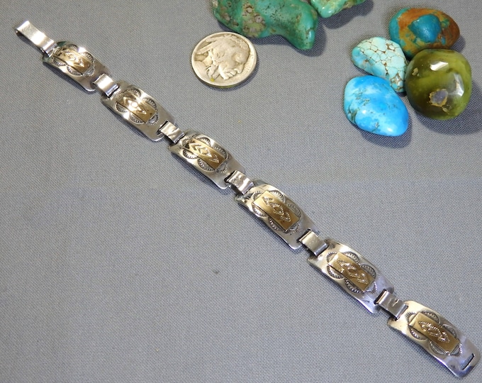 NAVAJO Ceremonial Dance Totem Sterling SILVER Gold on Brass 7" BRACELET