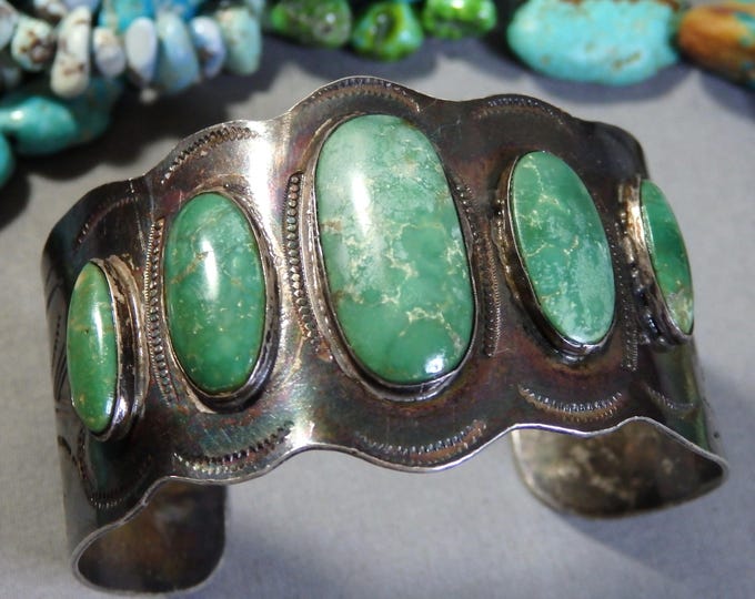 Fred Harvey Era NAVAJO Natural CERRILLOS TURQUOISE Sterling silver 46g Cuff Bracelet Signed Desert Gem Shop 6.25"-7"size