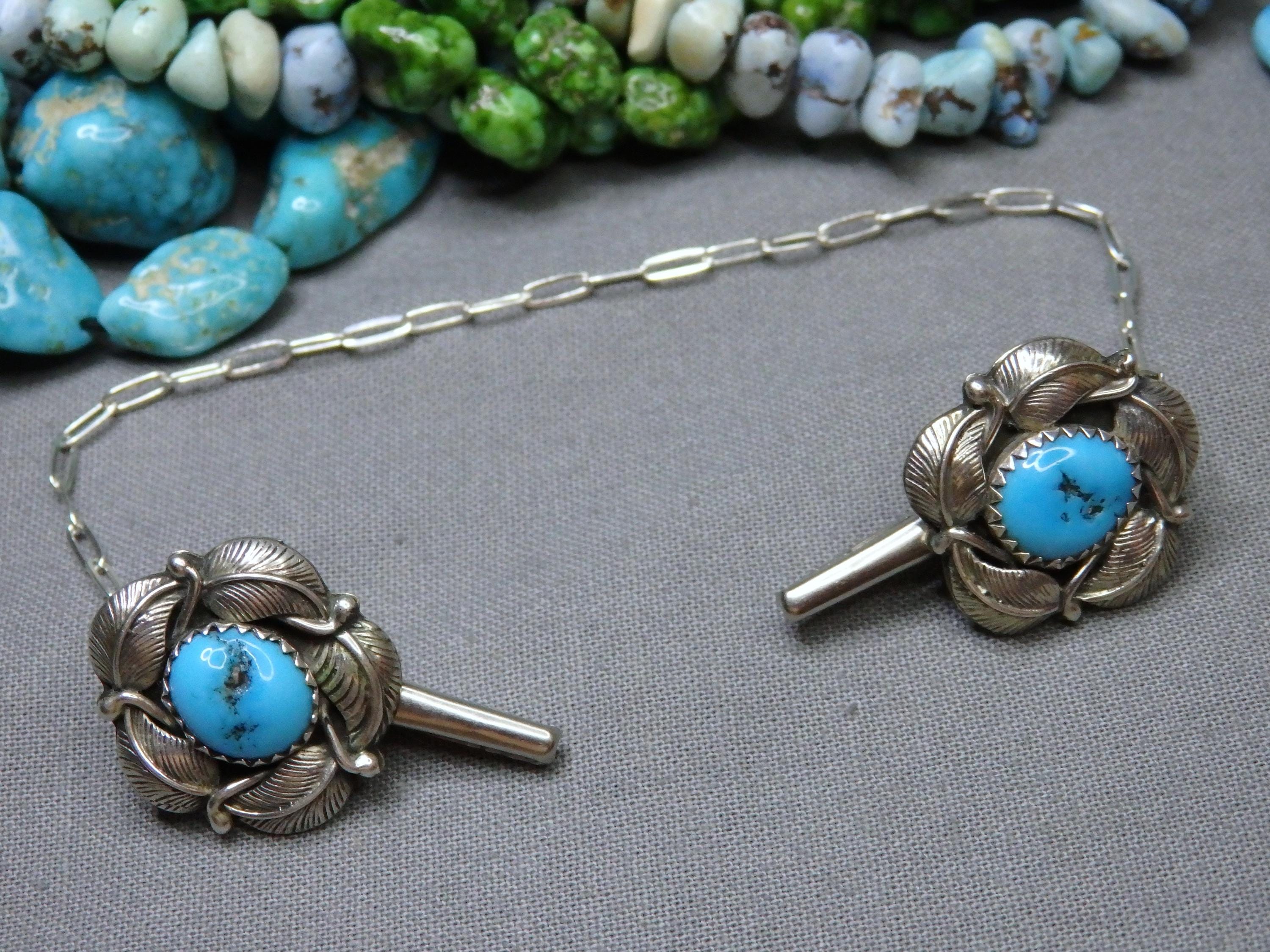 Navajo Sleeping Beauty TURQUOISE Sterling Silver Leaf Design SWEATER ClIPS