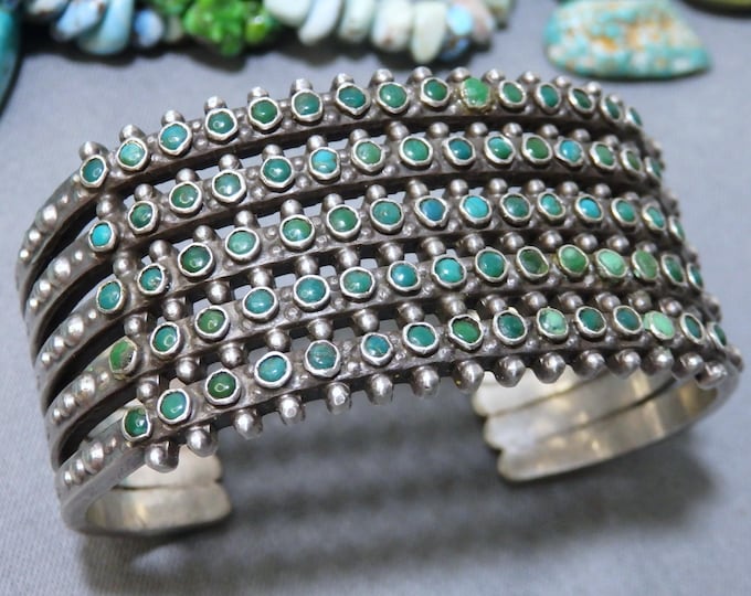 Fred Harvey Era ZUNI Natural TURQUOISE Snake Eyes Coin Silver 87g Cuff Bracelet