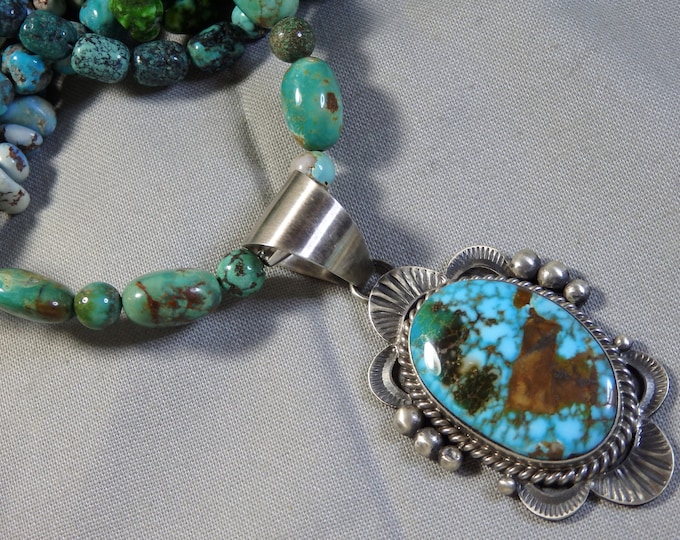 NAVAJO Mary Anne Spencer KINGMAN TURQUOISE Sterling Silver 2.5" Pendant 22" Necklace