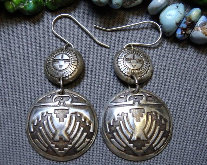 NAVAJO Sun West Sterling Silver SUNFACE THUNDERBIRD 1.75"Long Concho Earrings