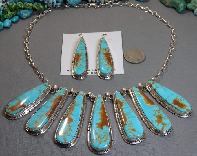 NAVAJO Samson Etsitty KINGMAN TURQUOISE Sterling Silver 19" Necklace & Earrings Set Signed