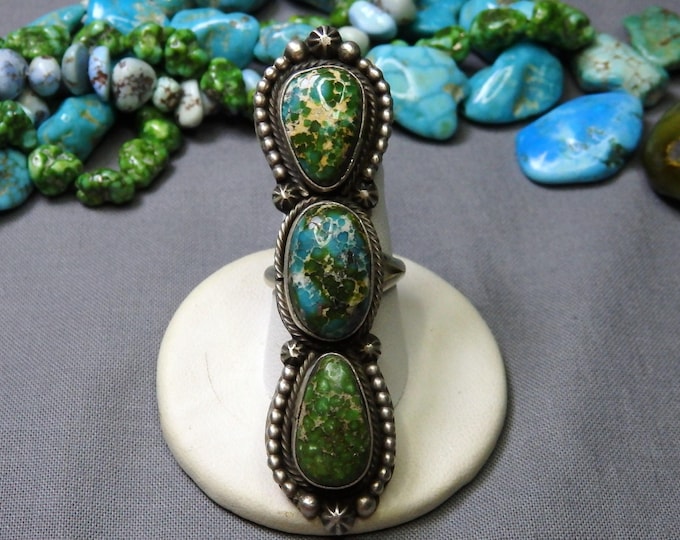 Big 2&7/8" NAVAJO Scott Skeets natural SONORAN GOLD Turquoise Solid Sterling Silver Adjustable Ring signed