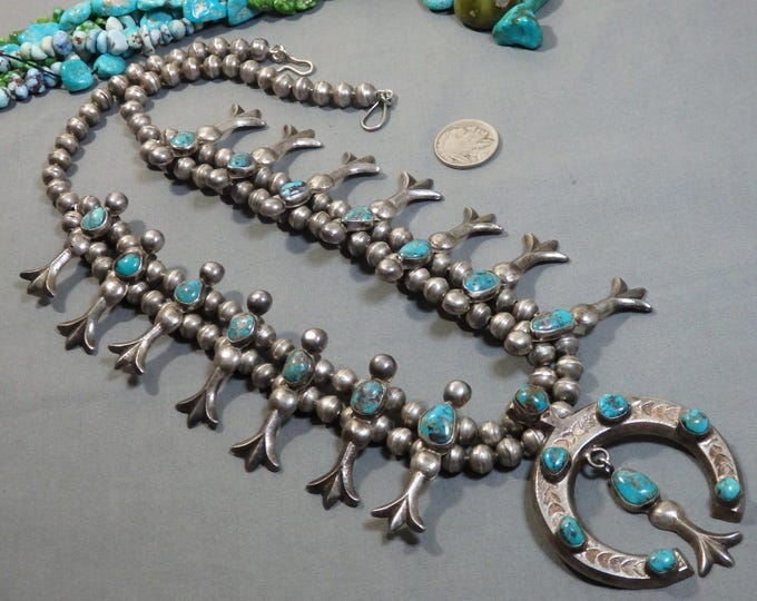 NAVAJO 1970s Natural BISBEE TURQUOISE Sand Cast Sterling Silver 218g 26.75" Squash Blossom On Chain