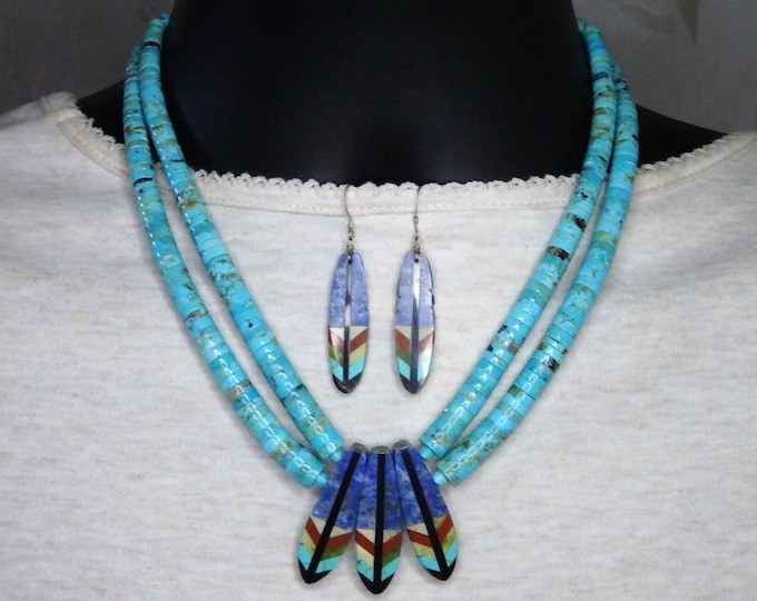 Santo Domingo Rudy Coriz Kingman TURQUOISE Lapis Sterling Silver 18.5" EAGLE FEATHERS Necklace & Earrings signed