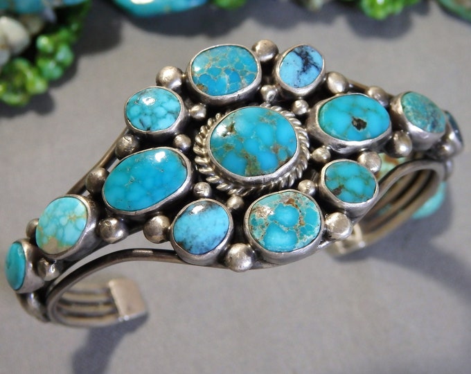 NAVAJO Verdy Jake Natural Webbed American TURQUOISE Cluster Sterling Silver Cuff Bracelet signed 6"-7"sizes