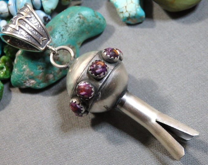 NAVAJO Monica Smith Purple Spiny Oyster Sterling Silver 2.75" SQUAS BLOSSOM Pendant signed