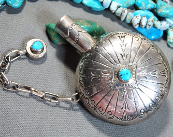 NAVAJO Sleeping Beauty TURQUOISE Stamped solid Sterling Silver 3.5" 42g CANTEEN Bottle Pendant