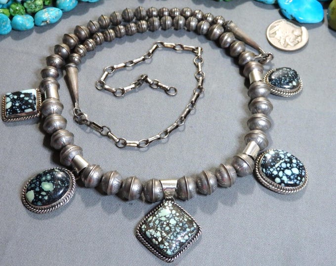 SunRay NAVAJO Pearls New Lander TURQUOISE Sterling Silver 19-28" Necklace On Chain Eddie Chee