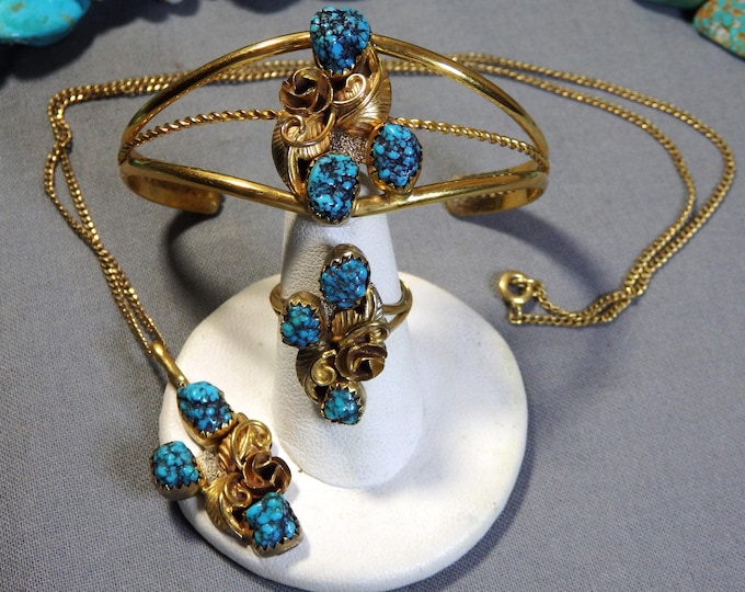 NAVAJO Handcrafted Lone Mountain TURQUOISE 12K Gold Filled STERLING Silver Vermiel Cuff Pendant Chain & Ring sz6.5