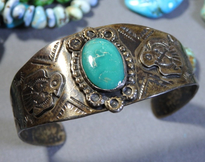 Fred Harvey Era NAVAJO Natural Cerrillos TURQUOISE Sterling Silver THUNDERBIRD Cuff Bracelet 6.25"-7"size