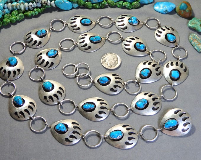 Navajo Sleeping Beauty TURQUOISE Sterling Silver 91g 39" BEAR PAW Concho Belt