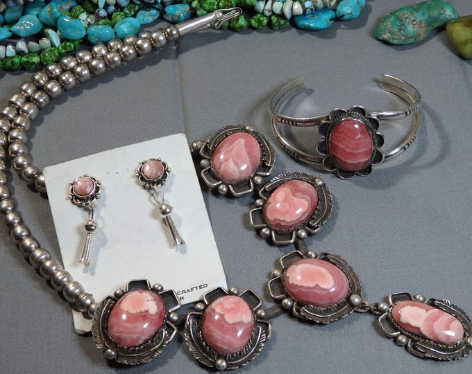 Native American RHODOCHROSITE Sterling Silver 24" SQUASH BLOSSOM Necklace Earrings & Bracelet set