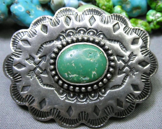 Fred Harvey Era NAVAJO Natural CERRILLOS TURQUOISE Coin Silver 2.15" Friendship Pin