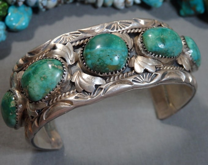 NAVAJO Edward Ration Natural CARICO LAKE Turquoise Sterling Silver 75g Cuff Bracelet 6.25"-7"sizes Signed