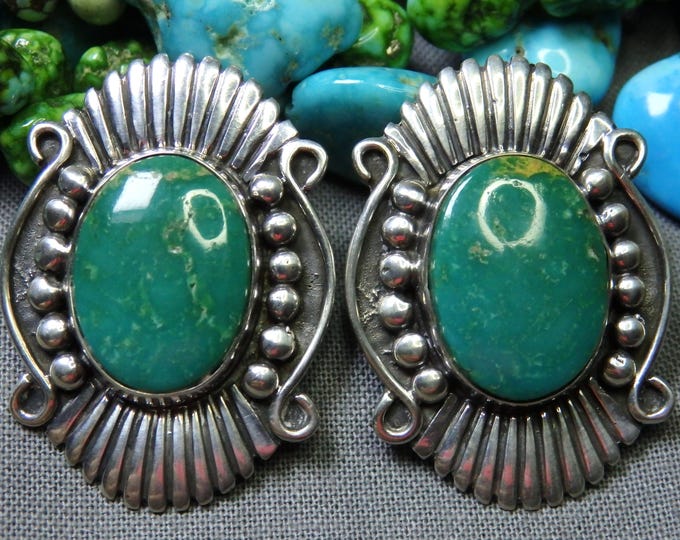 NAVAJO Angeline Miller Nevada EMERALD Valley TURQUOISE Sterling Silver Post Earrings signed