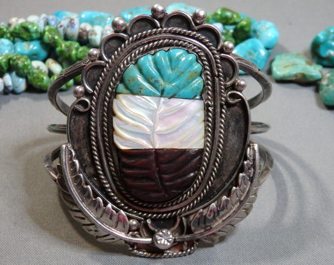 1070s ZUNI Natural Blue Gem TURQUOISE Shell carved LEAF Sterling Silver 71g Cuff Bracelet 6.25"-7.25"sz Old Pawn