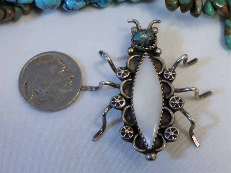 43mm Old NAVAJO Real TURQUOISE Mother of Pearl STERLING Silver Spider Pin Works