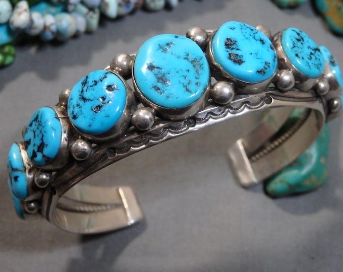 NAVAJO Harrison Jim Sleeping Beauty TURQUOISE Sterling Silver 56g CUFF Bracelet signed 6.5"-7.25"size