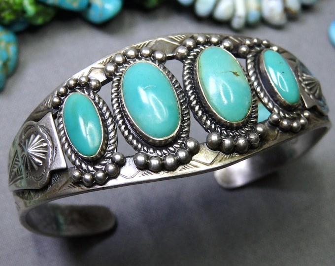 Fred Harvey Era NAVAJO Natural KINGMAN TURQUOISE Coin Silber Arrow 30g Cuff Bracelet 6"-7"sizes