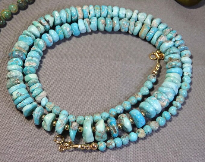 Natural SONORAN White Water TURQUOISEE Solid 10K GOLD 24" Necklace Birds Eye Water Webbed Gemstones