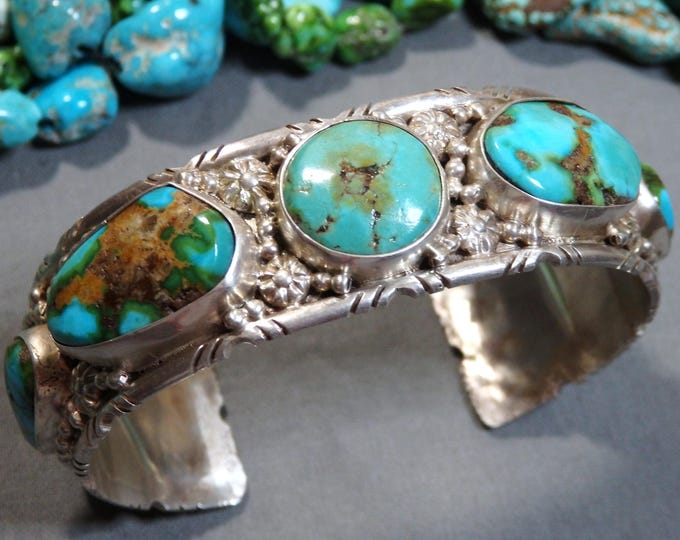 NAVAJO Larry Salt Natural SONORAN GOLD Turquoise Sterling Silver 51g Cuff Bracelet 6.75"-7.5"sizes