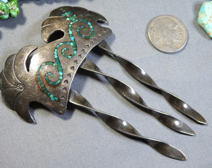 NAVAJO Gibson Gene TURQUOISE inlay STERLING Silver  4.125" 36g Whirling Winds Hair Comb Signed