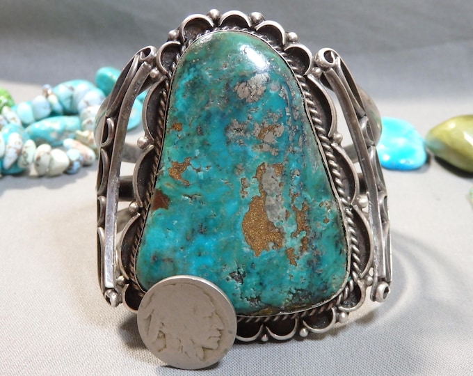 144g 3"wide Old Pawn NAVAJO Natural ARIZONA TURQUOISE Sterling Silver Cuff Bracelet 6.25"-7"sz