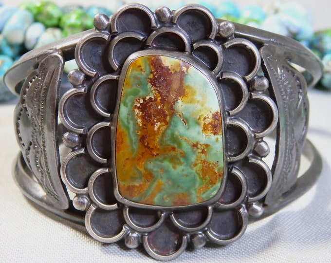 Fred Hary Era NAVAJO Natural HACHITA  TURQUOISE SOlid Sterling Silver Cuff Bracelet 6"-6.75"sz