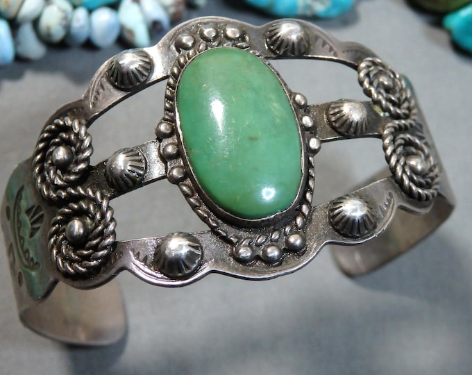 Fred Harvey Era NAVAJO Natural CERRILLOS TURQUOISE Sterling Silver 40g ThunderBird Cuff Bracelet 6.5"-7.25"sizes
