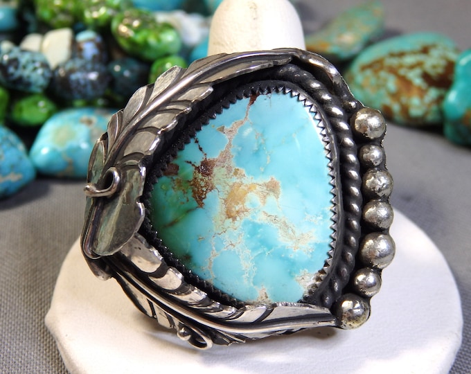 22gm Vintage NAVAJO Mary Morgan Natural ROYSTON TURQUOISE Sterling Silver 1.6"wd Squash Blossom Ring sz11.5 signed