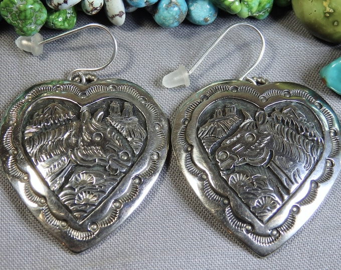 Big NAVAJO signed STERLING Silver 2"+ Horse Lover EARRINGS Story Teller