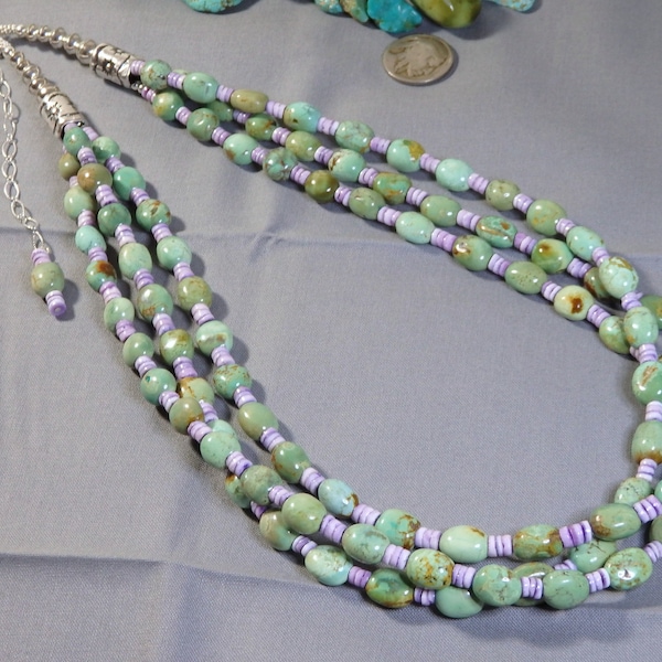 NAVAJO PEARLS Natural Kingman TURQUOISE Cebu Beauty Sterling Silver 25"-29" Necklace