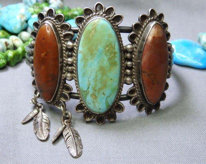 1950-70 NAVAJO Natural BLUE GEM Turquoise Petrified Wood Coin Silver 51g Cuff Bracelet