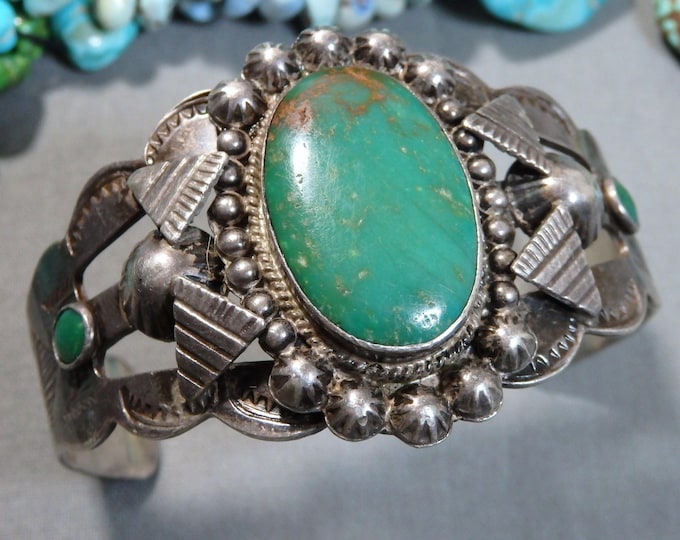 Fred Harvey Era NAVAJO Natural CERRILLOS TURQUOISE Sterling Silver ThunderBird Cuff Bracelet 5.87"-6.5" sizes