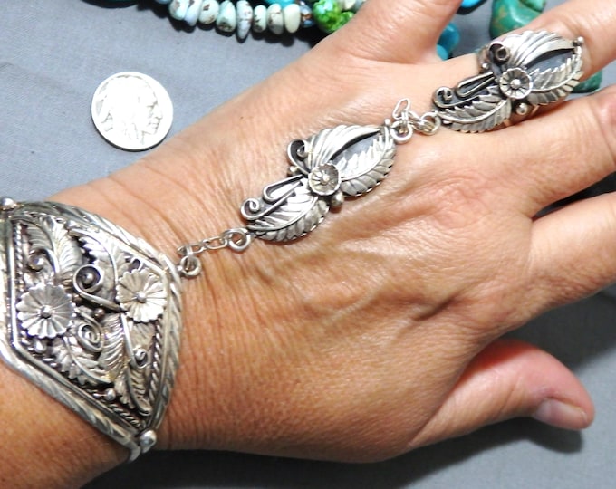 NAVAJO E.Jackson Sterling Silver SQUASH BLOSSOM Design Slave Bracelet set Ring sz9 Signed