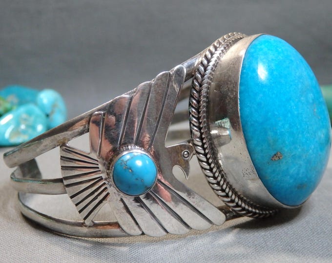 Genuine PERSIAN TURQUOISE Sterling Silver THUNDERBIRD 55g Cuff Bracelet 7.5"-8"sizes