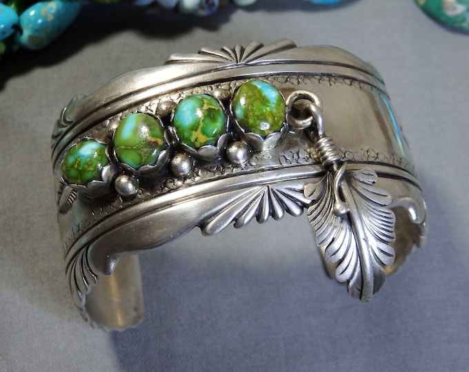 NAVAJO Tom Ahasteen SONORAN GOLD Turquoise Sterling Silver Feather 78g Cuff Bracelet signed 6"-7"size