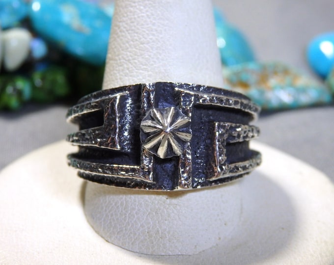 NAVAJO Kevin Yazzie Tufa Cast Sterling Silver RING sz10 Signed Wild Goose Moon Totem