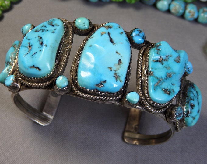 Old ZUNI Sleeping Beauty TURQUOISE Snake Eyes STERLING Silver 56gm Cuff Bracelet 6"-7"sz