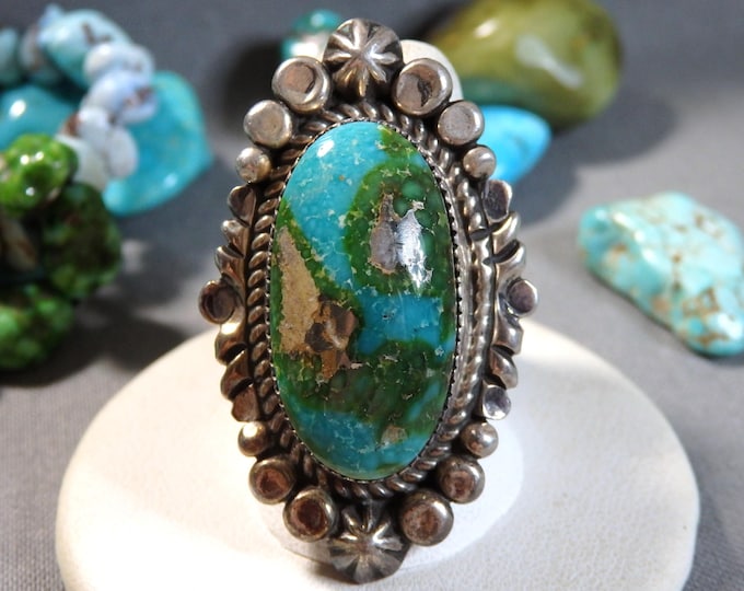 NAVAJO Maynard Garcia SONORAN GOLD Turquoise Sterling Silver 1.6"wide Adjustable Ring signed