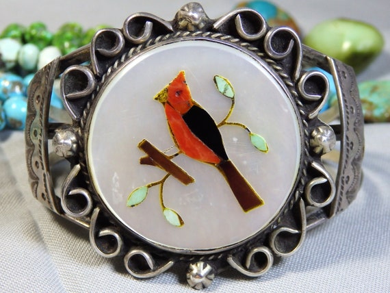 Ray Boy Vintage Native American Navajo Coral Cardinal Inlay Sterling Silver Necklace Ray Boy Vintage Native American Navajo Coral Cardinal Inlay Sterling Silver Necklace