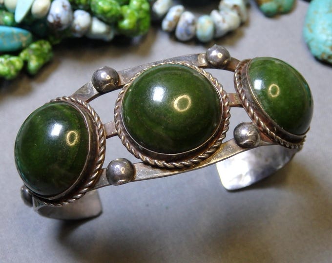 Fred Harvey Era NAVAJO Deep Green TURQUOISE Stamped Coin Silver 40g Cuff Bracelet 6"-7"sizes
