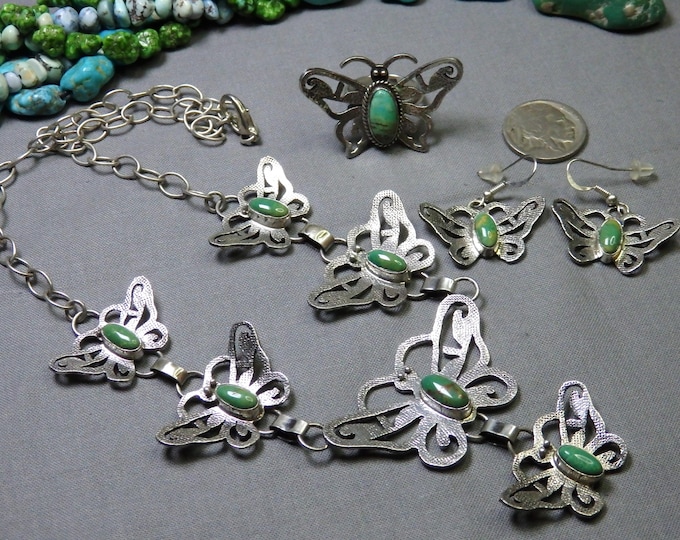 NAVAJO Jason Bahe AJAX TURQUOISE Sterling Silver ButterFly Necklace Ring Earrings set