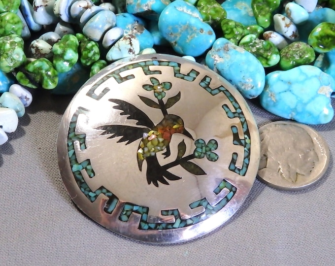 ZUNI Coral TURQUOISE Shell inlay Sterling Silver Rose Breasted Grosbeak Bird 2.15" PENDANT