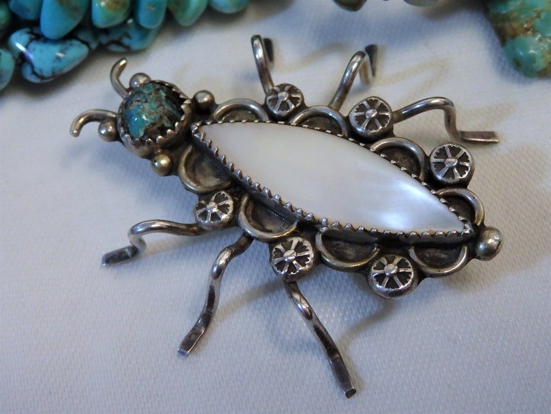 43mm Old NAVAJO Real TURQUOISE Mother of Pearl STERLING Silver Spider Pin Works