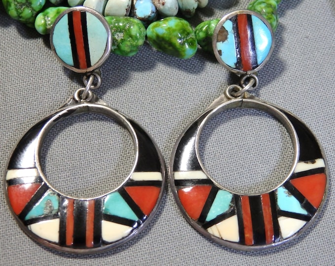 ZUNI John & Rosalie Bowannia Natural TURQUOISE Coral Onyx Shell Sterling Silver 2" Post Earrings signed