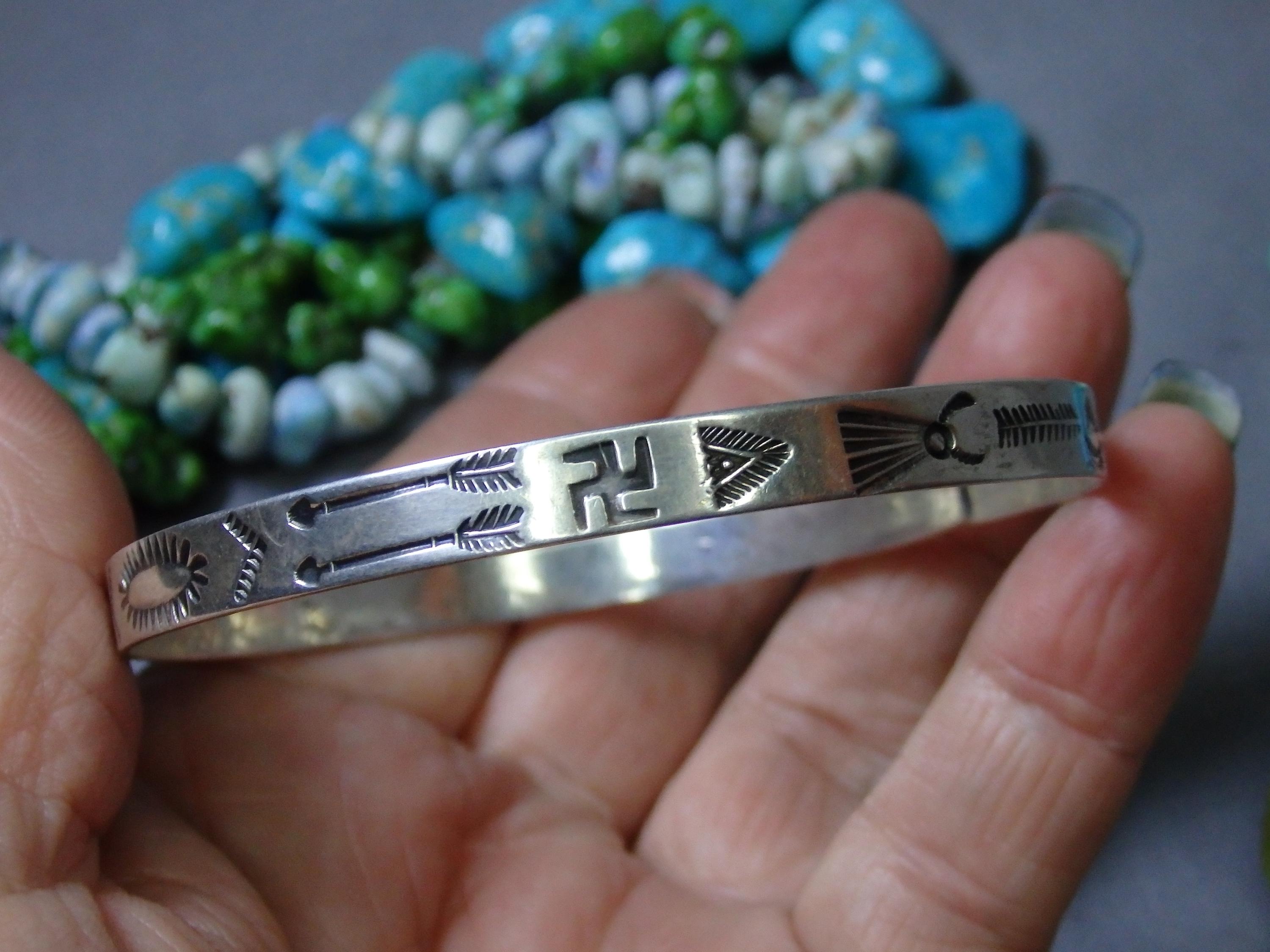 Fred Harvey Era NAVAJO Stamped Coin Silver WHIRLING LOGS Bangle