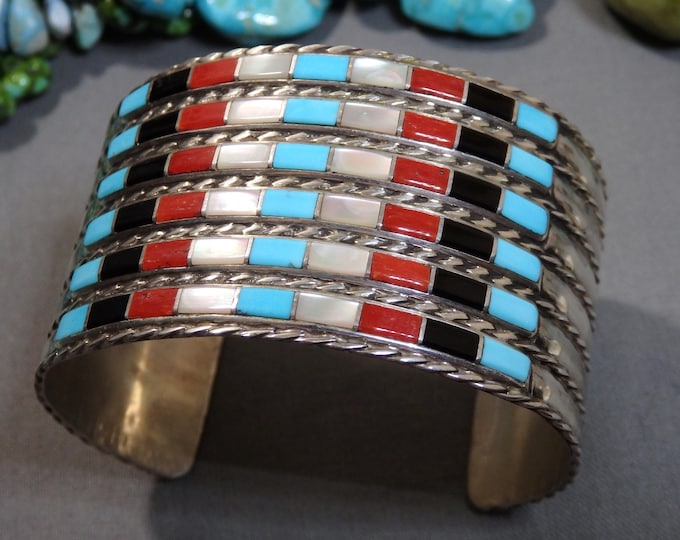 Zuni Jessica Chavez SLEEPING BEAUTY TURQUOISE Onyx Coral Sterling Silver 53g Cuff Bracelet signed 6"-7"Sizes